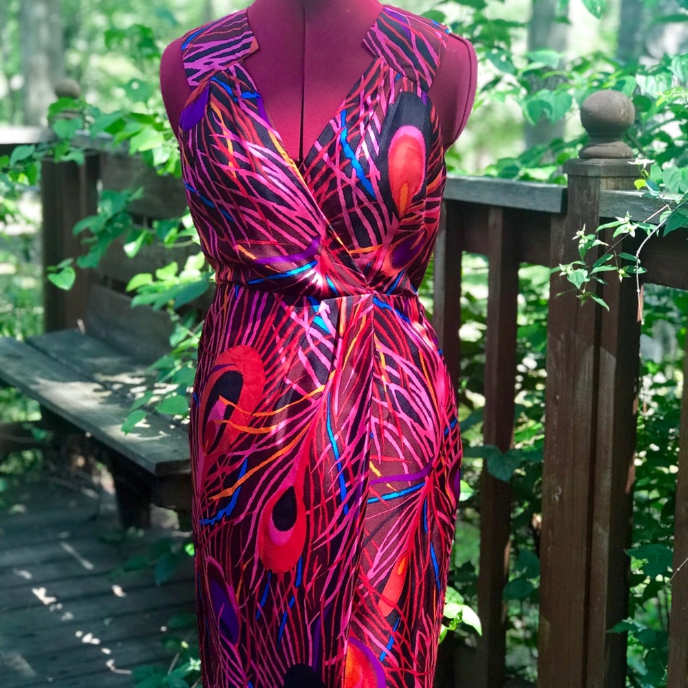 $298 Milly of New York silk red peacock dress